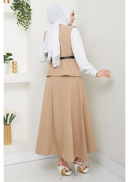 Yelekli Etekli Ikili Takım Bej HM2690 indirimleri