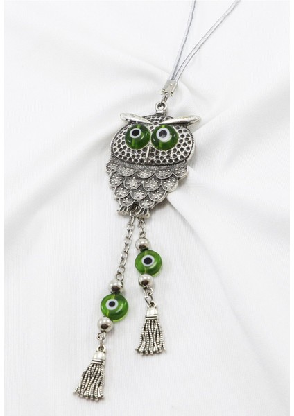 El Yapımı Yeşil Yassı Nazar Gözlü Püsküllü Baykuş Araba Dikiz Ayna Süsü, Yeni Araba Hediyesi