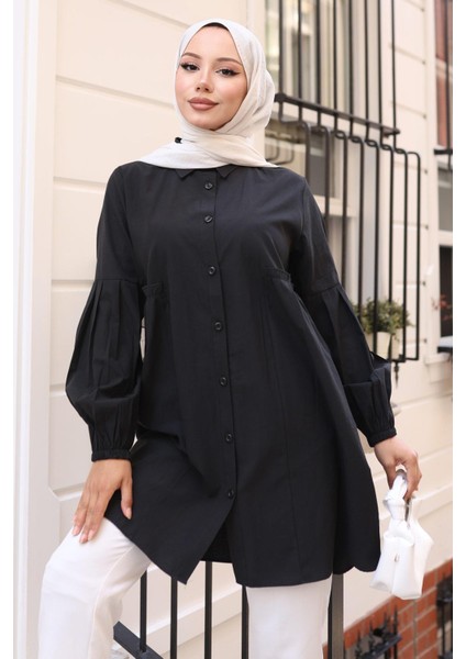 Büzgü Detaylı Balon Kol Gömlek Siyah HM2763