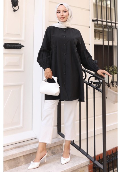 Büzgü Detaylı Balon Kol Gömlek Siyah HM2763 fiyatları