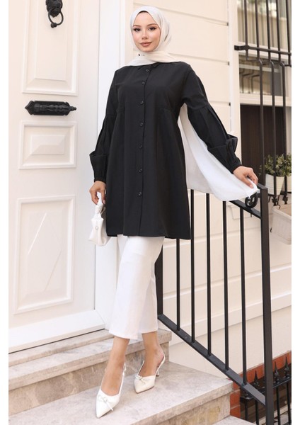 Büzgü Detaylı Balon Kol Gömlek Siyah HM2763 fırsatları