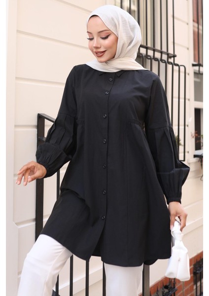 Büzgü Detaylı Balon Kol Gömlek Siyah HM2763 indirimleri