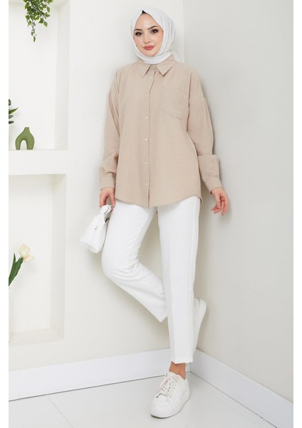 Tek Cepli Uzun Kol Oversize Keten Gömlek Bej HM2651