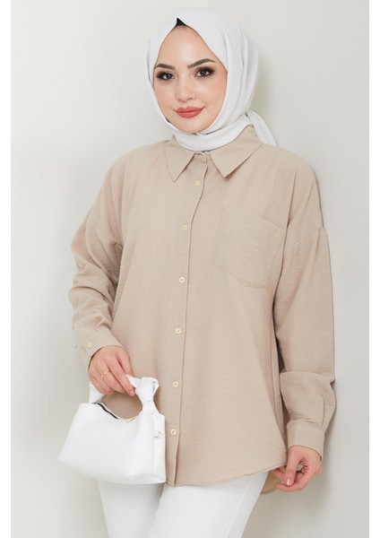 Tek Cepli Uzun Kol Oversize Keten Gömlek Bej HM2651 fiyatları
