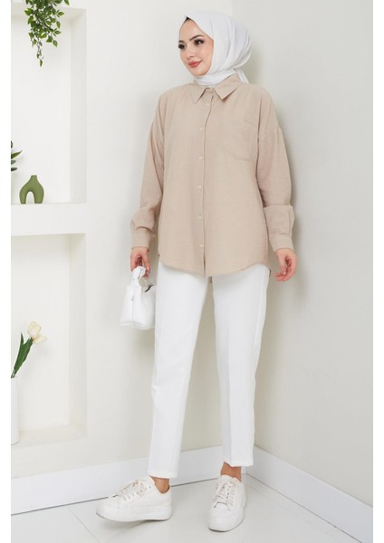 Tek Cepli Uzun Kol Oversize Keten Gömlek Bej HM2651 fırsatları