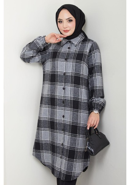 Uzun Ekose Oduncu Gömlek Tunik Siyah HM2652 modelleri