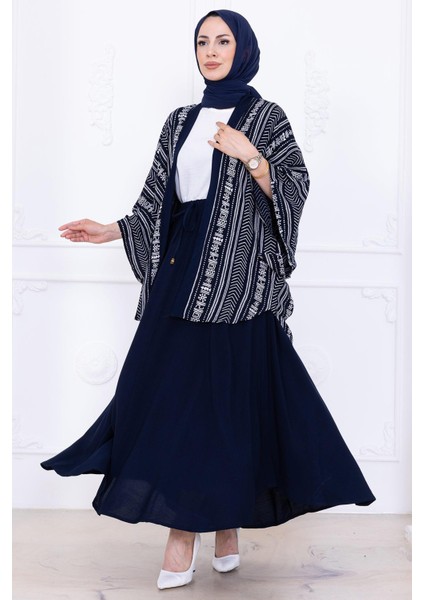 Desenli Etekli Kimono Takım Lacivert HM2766 fiyatları