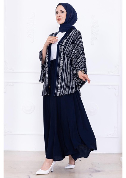 Desenli Etekli Kimono Takım Lacivert HM2766 modelleri