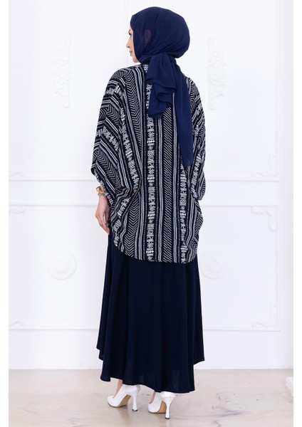 Desenli Etekli Kimono Takım Lacivert HM2766 fırsatları