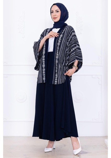 Desenli Etekli Kimono Takım Lacivert HM2766 indirimleri