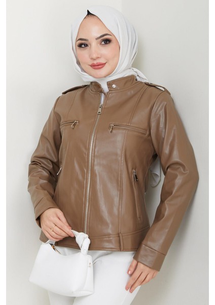 Fermuarlı Hakim Yaka Suni Deri Ceket Vizon HM2342