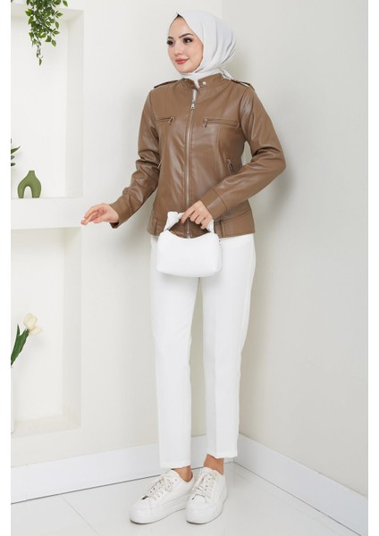 Fermuarlı Hakim Yaka Suni Deri Ceket Vizon HM2342 modelleri