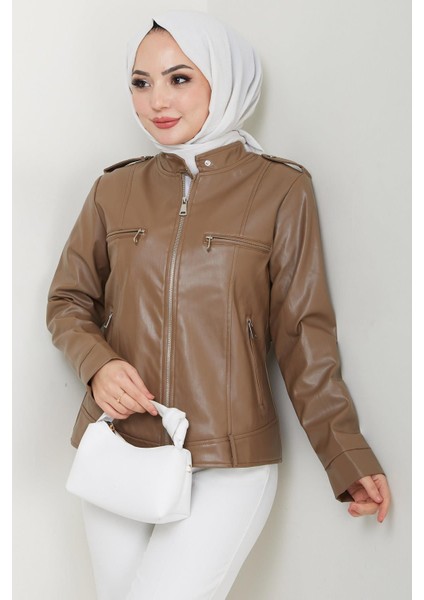 Fermuarlı Hakim Yaka Suni Deri Ceket Vizon HM2342 indirimleri