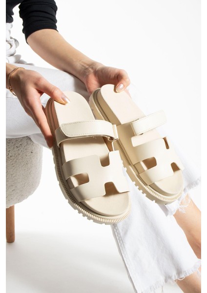 Krem Cırtlı Kadın Terlik Anatomik Rahat Taban Pu Deri Konforlu Tasarım fiyatları