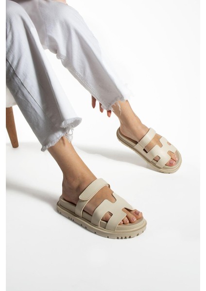 Krem Cırtlı Kadın Terlik Anatomik Rahat Taban Pu Deri Konforlu Tasarım fırsatları