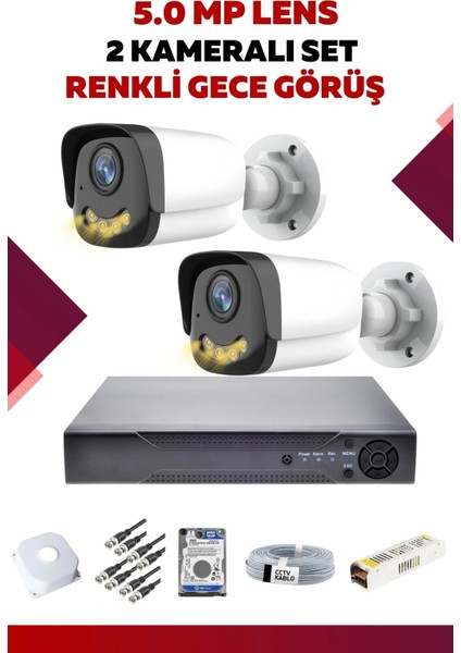 2 Kameralı Set - 5mp Sony Lensli Full Hd Gece Görüşlü Güvenlik Kamerası Sistemi - Mmzsktnsu7