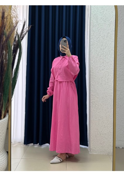Vinisa Beli Lastikli Yelekli Çilek ELBISE-MF1756 Pembe