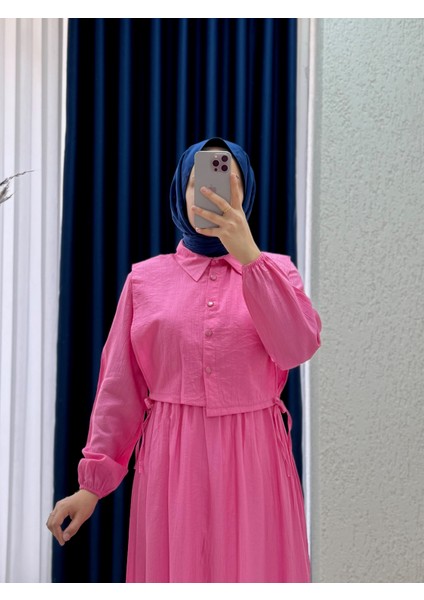 Vinisa Beli Lastikli Yelekli Çilek ELBISE-MF1756 Pembe