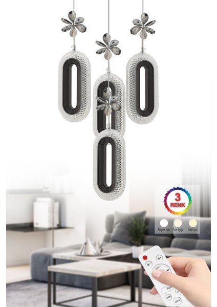 Istanbul Avize LED Alfa 4'lü Siyah Kumandalı 3 Renk Ledli Kristal Taşlı Modern LED Avize