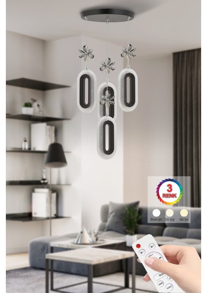 Istanbul Avize LED Alfa 4'lü Siyah Kumandalı 3 Renk Ledli Kristal Taşlı Modern LED Avize modelleri