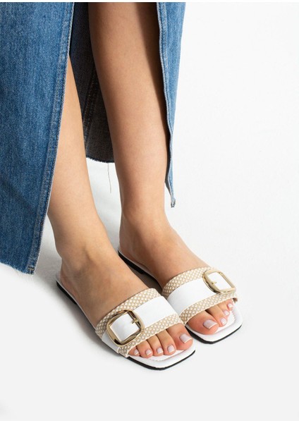 Beyaz Jüt Tokalı Açık Kadın Terlik Ev ve Dış Mekan Terliği fiyatları