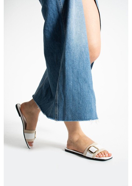 Beyaz Jüt Tokalı Açık Kadın Terlik Ev ve Dış Mekan Terliği modelleri