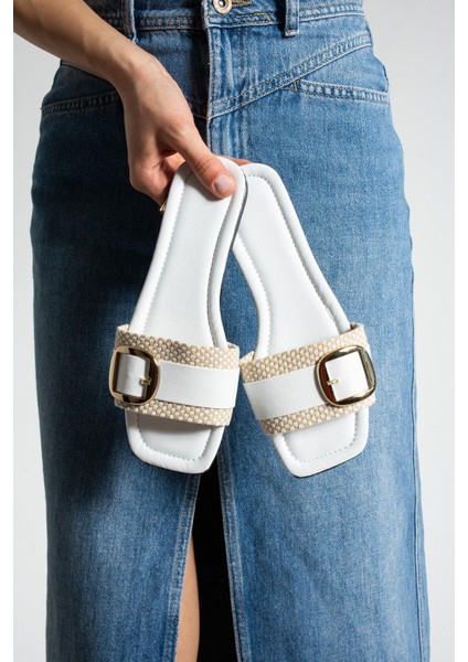 Beyaz Jüt Tokalı Açık Kadın Terlik Ev ve Dış Mekan Terliği indirimleri