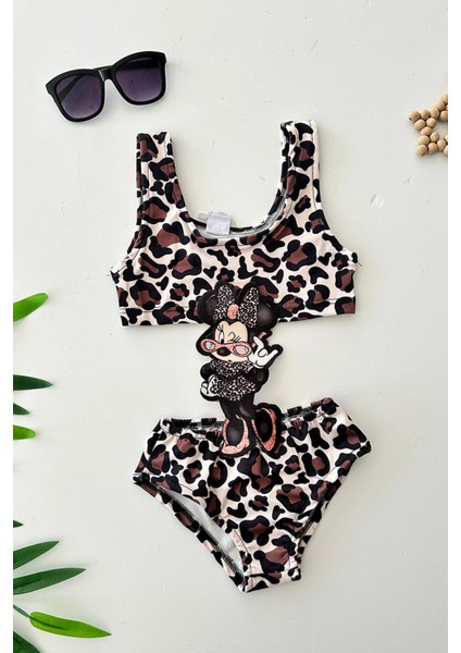 (4-10 Yaş) Mnn Desenli Leopsr Kız Çocuk mayo bikini - Kahve