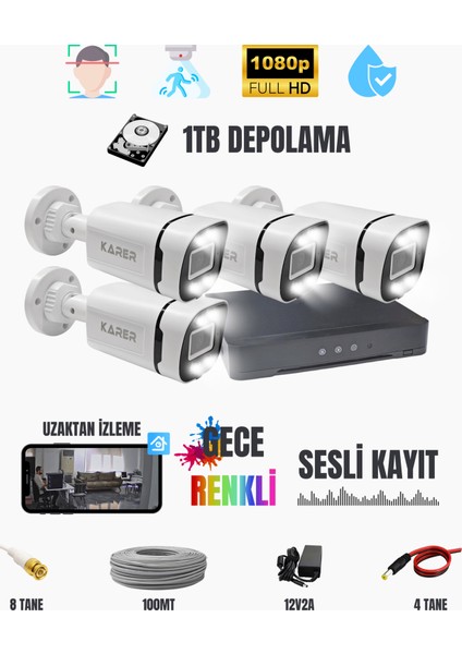 Exitcam 4'lü Ses Kayıtlı Ahd Kamera Seti 1080P Fullhd Gece Renkli + Dvr + 1tb HDD + Kablo