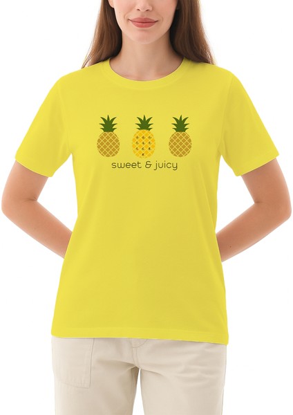 Kadın Ananas Baskılı Kısa Kol Regular Fit Basic Tişört