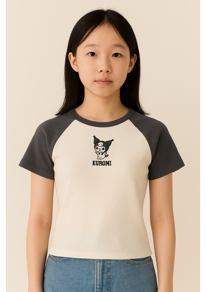 Kız Çocuk Kuromı Karakter Baskılı Raglan Tişört – Beyaz & Gri