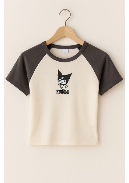Kız Çocuk Kuromı Karakter Baskılı Raglan Tişört – Beyaz & Gri modelleri