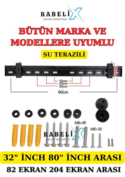 Bütün Marka ve Modellere Uyumlu 32" Inch 80" Inch-82 Ekran 204 Ekran Slim Askı Aparatı