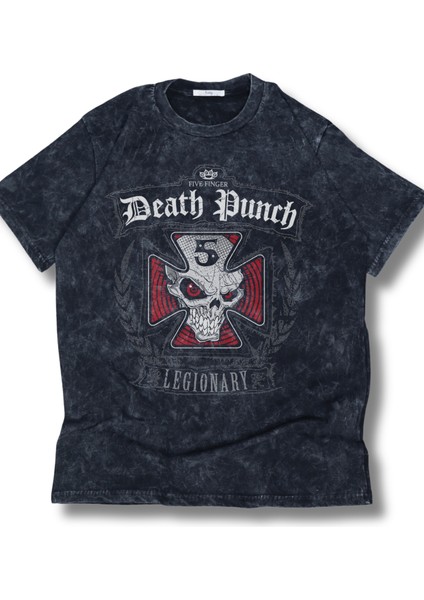 Unisex Five Finger Death Punch Baskılı Yıkamalı Tişört,oversize Rock-Metal Baskılı Vintage T-Shirt