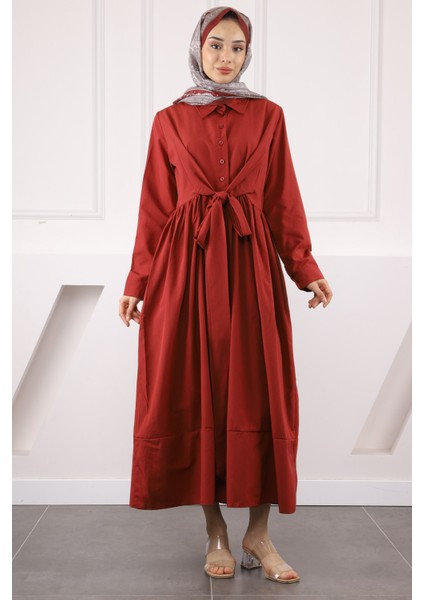 Bordo Bel Kuşaklı Elbise