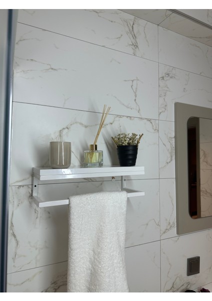 Fulya Banyo Ahşap Raflı Beyaz Metal Havlu, Şal Askılık