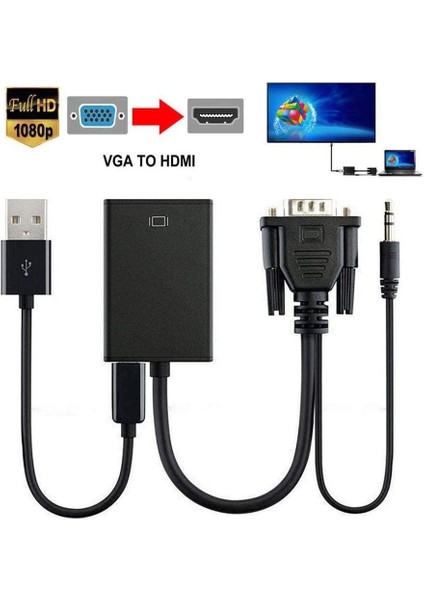 Full Hd VGA - HDMI Uyumlu Dönüştürücü Adaptör Kablosu 1080P Ses Çıkışı ile Pc Dizüstü Bilgisayar Için VGA Hd Adaptörü - HDMI Projektör fırsatları