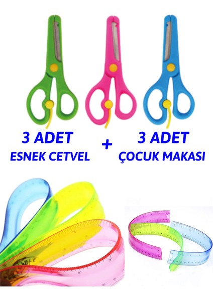 Okul Seti (3 Adet Küt Uçlu Korumalı Çocuk Okul Makası + 3 Adet Esnek Cetvel)