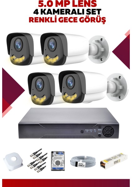 4 Kameralı Set - 5mp Sony Lensli Full Hd Gece Görüşlü Güvenlik Kamerası Sistemi - A3T92UJD2A