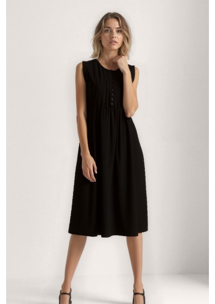 Önü Düğmeli Krinkıl Kumaş Sıfır Kol Elbise