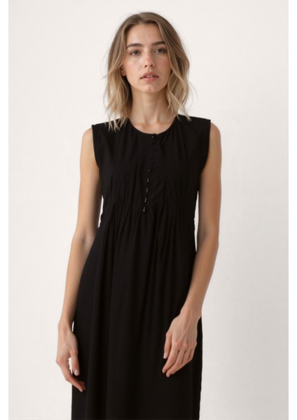 Önü Düğmeli Krinkıl Kumaş Sıfır Kol Elbise fırsatları