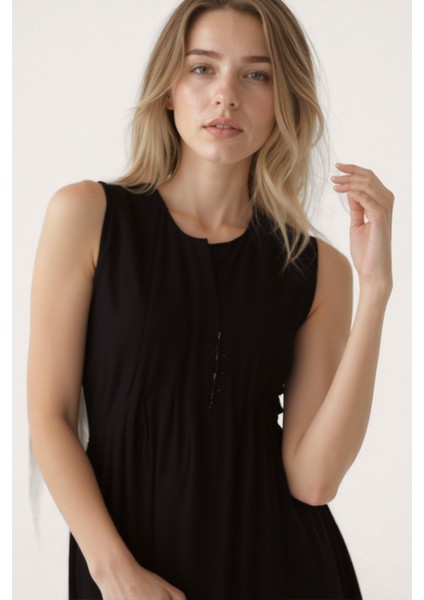 Önü Düğmeli Krinkıl Kumaş Sıfır Kol Elbise indirimleri