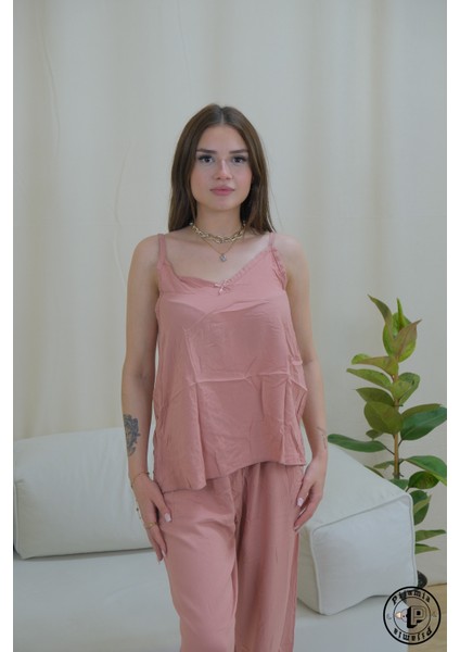 Toz Pembe Askılı Alt Uzun Kadın Pijama Takımı modelleri