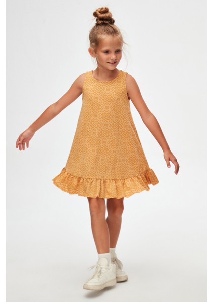 Hardal Yonca Desen Kız Çocuk Fırfırlı Çan Etekli Elbise
