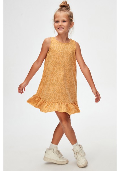 Hardal Yonca Desen Kız Çocuk Fırfırlı Çan Etekli Elbise fiyatları