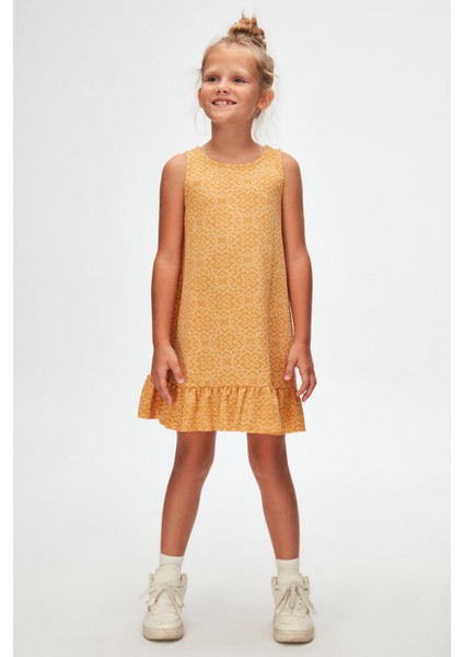 Hardal Yonca Desen Kız Çocuk Fırfırlı Çan Etekli Elbise modelleri