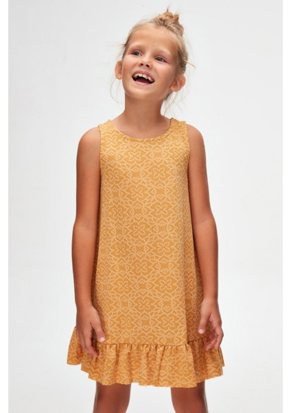 Hardal Yonca Desen Kız Çocuk Fırfırlı Çan Etekli Elbise fırsatları
