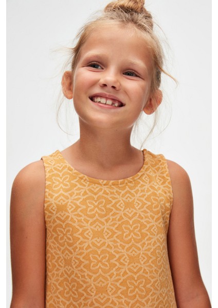 Hardal Yonca Desen Kız Çocuk Fırfırlı Çan Etekli Elbise indirimleri