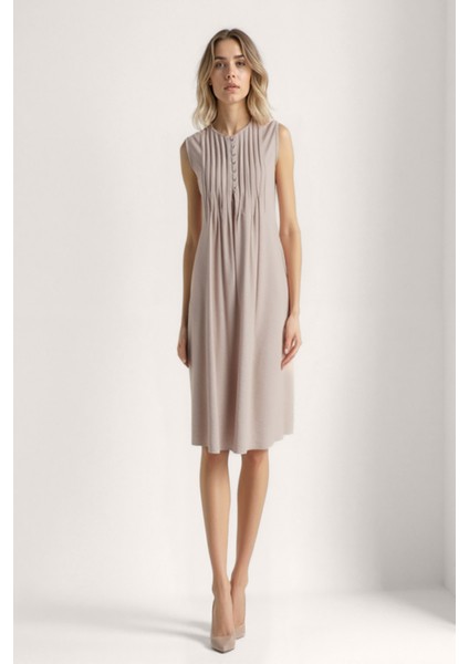 Önü Düğmeli Krinkıl Kumaş Sıfır Kol Elbise