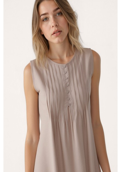 Önü Düğmeli Krinkıl Kumaş Sıfır Kol Elbise indirimleri